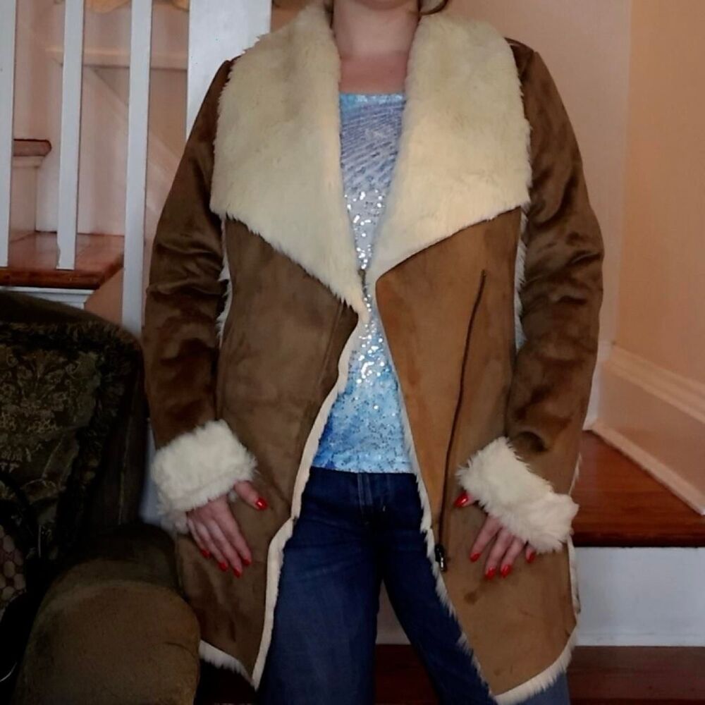 Laura Ashley Chestnut Brown Faux Suede Faux Fur Penny Lane Coat Sz 8 Medium